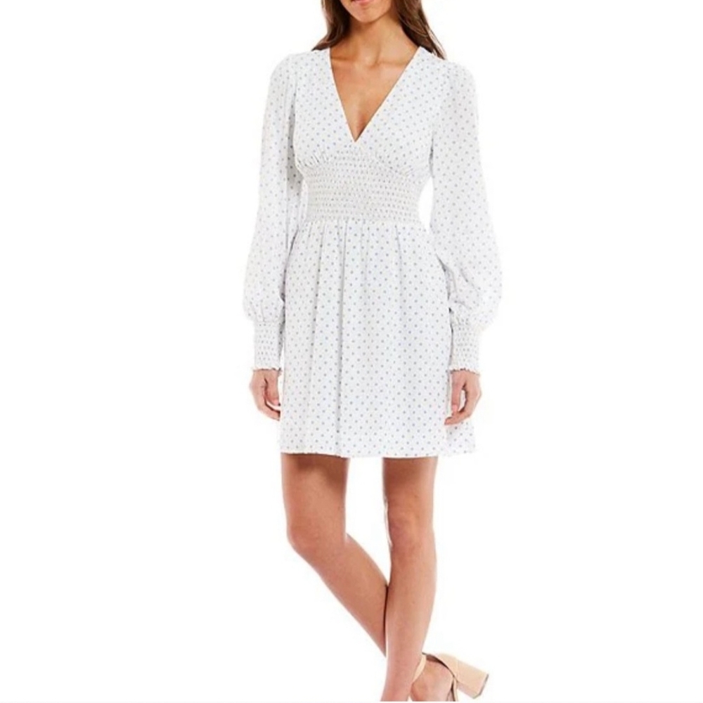 Gianni Bini White & Blue Polka Dot Longsleeve Smocked Waist Mini Dress XL Casual